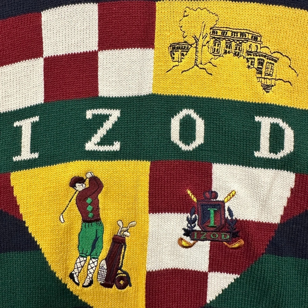 Vintage IZOD Sweater Men's Large Navy Cotton Golf Crest Crewneck 90s Preppy - Picture 4 of 10
